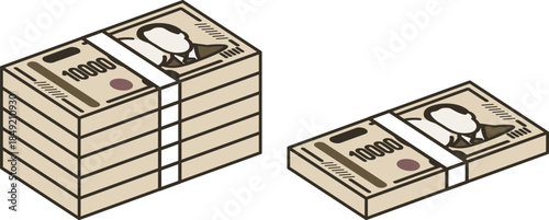 100万円の札束と500万円の札束。新一万円札。紙幣。一万円札。
