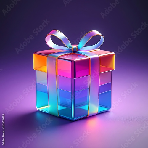 A mesmerizing holographic gift box tied with a vibrant iridescent bow on a radiant purple background