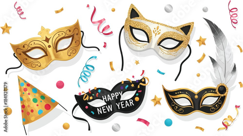 Elegant Carnival Masks and Party Decorations with Festive Confetti.