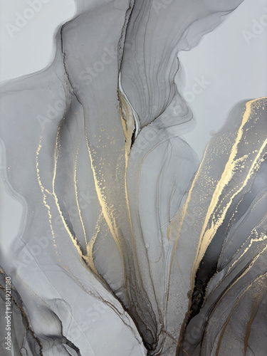 Abstract grey background with gold — black and white fluid art texture made with alcohol ink and golden potal. Beautiful gray natural art backdrop resembles marble, wing, aquarelle, water, splash.