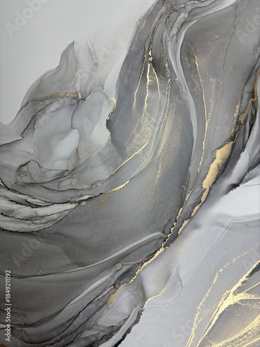 Abstract grey background with gold — black and white fluid art texture made with alcohol ink and golden potal. Beautiful gray natural art backdrop resembles marble, wing, aquarelle, water, splash.