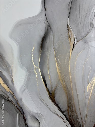 Abstract grey background with gold — black and white fluid art texture made with alcohol ink and golden potal. Beautiful gray natural art backdrop resembles marble, wing, aquarelle, water, splash.