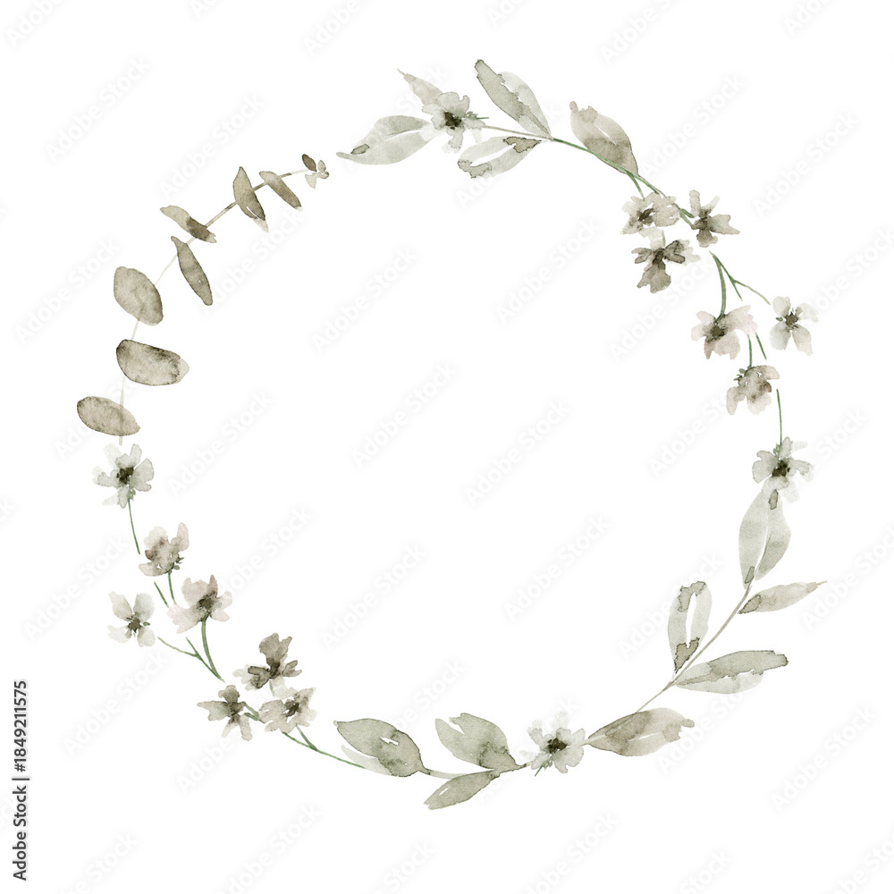 Obraz premium Minimalistic hand drawn wreath illustration with off white small flowers, light green leaves and buds and eucalyptus leaves. Ideal for invitation suite, stationary, gift box label, or branding.