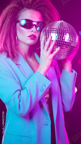 Woman holds a mirrored disco ball while wearing sunglasses and a teal blazer under glowing neon bokeh lights. Retro styling and bold color contrast evoke nightlife, club scenes, live music and editori