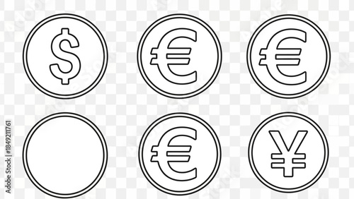 Currency Symbols: A collection of global currency symbols, including the Dollar, Euro, and Yen. Illustrating finance, international trade, and the global economy.
