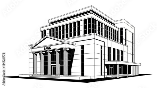 Bank Building Illustration: A majestic bank building showcases classic architectural design with symmetrical facades and grand columns, representing stability and financial institutions.
