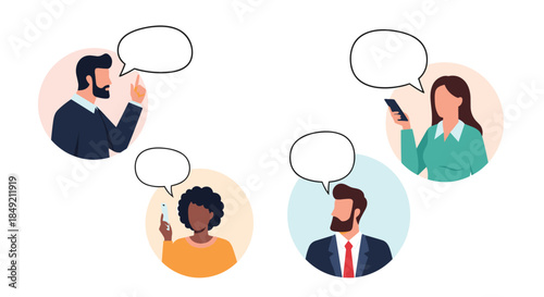 Diverse group of four people communicating online or in a meeting with empty speech bubbles for custom text or dialogue.