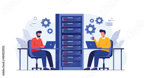 Two male IT specialists working on laptops in a server room maintaining and configuring network and data center equipment.