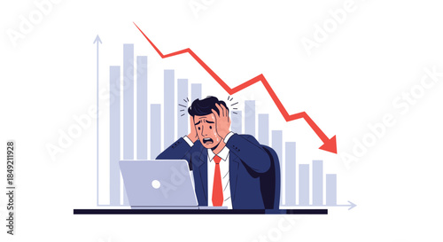 Stressed businessman in a suit holds his head in panic looking at a falling red arrow on a chart indicating financial crisis.