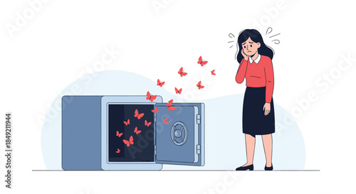 Worried woman watches as butterflies fly out of an open safe symbolizing the loss of money savings or intangible value.