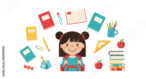 Happy schoolgirl with a backpack surrounded by various school supplies like notebooks books pencils and apples for education.
