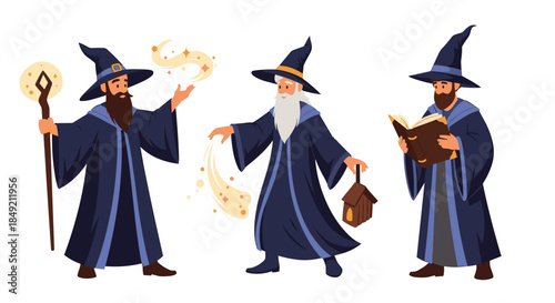 Set of three wizard characters in blue robes and pointed hats casting spells holding a staff and reading a magic book.