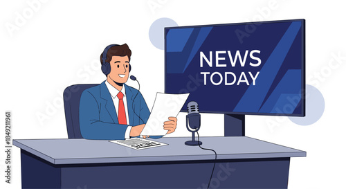 Male news anchor or journalist sitting at a desk with a microphone and headset reporting the daily news in a TV studio.