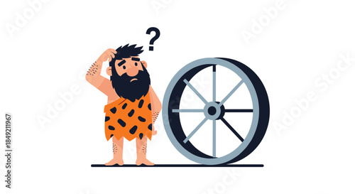 Confused cartoon caveman scratching his head with a question mark above him while looking at a newly invented wheel.