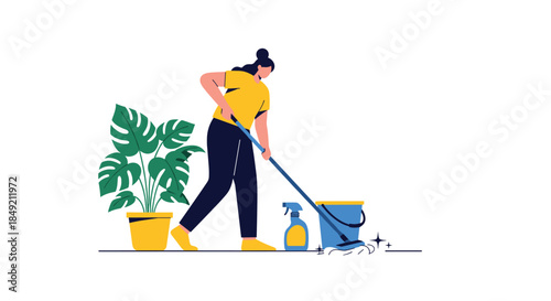 Woman mopping the floor with a bucket and spray bottle next to a large houseplant as part of her cleaning routine.