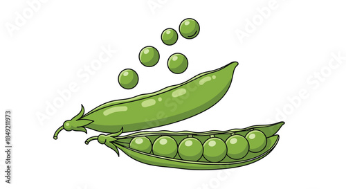 Fresh green pea pods with one pod open to show the peas inside and several individual peas scattered above them.