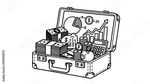 Financial Abundance: A briefcase overflows with elements of financial growth, and success, symbolizing wealth and economic prosperity, the illustration offers a visual narrative of financial concepts