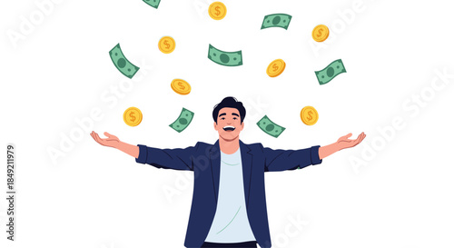 Happy and successful man with open arms as money in the form of banknotes and coins rains down all around him.