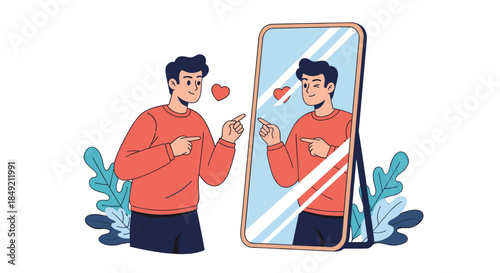 Young man with hearts above his head looks at his happy winking reflection in the mirror promoting self-love and confidence.