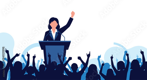 Female politician or leader giving a powerful speech at a podium to a large and supportive crowd of people.