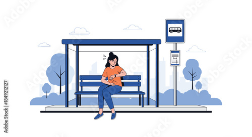 An anxious woman checks her watch while waiting nervously for a late bus at a city bus stop feeling stressed about being on time.