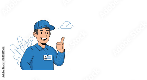 A friendly and reliable service worker in a blue uniform and cap with an ID badge smiles and gives a thumbs-up of approval.
