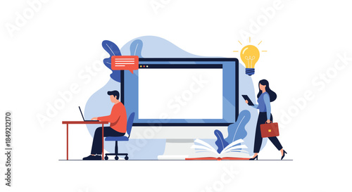 A man and woman in a creative office workspace with one working on a laptop and the other walking with a briefcase and tablet.