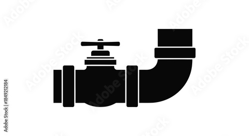 A striking black silhouette of an industrial pipe fitting with a valve mechanism silhouette