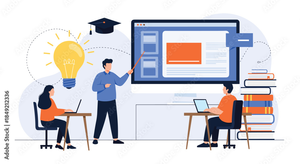 Fototapeta premium Teacher conducting an online class with students on laptops in a modern virtual classroom for e-learning and distance education.