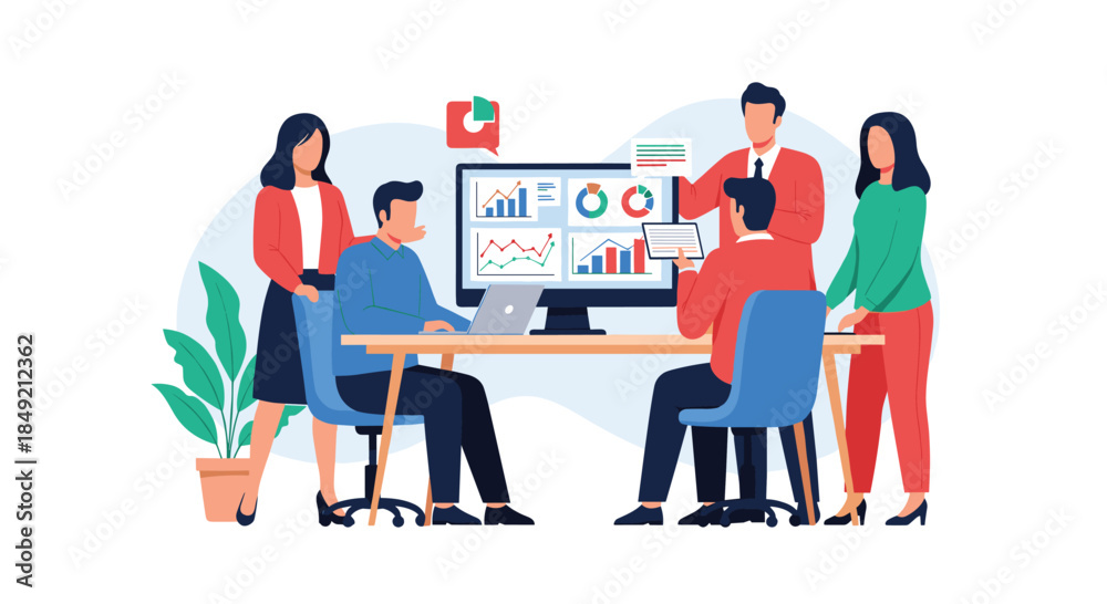 Fototapeta premium Professional business team in a meeting analyzing data on a dashboard and collaborating on a project strategy in the office.