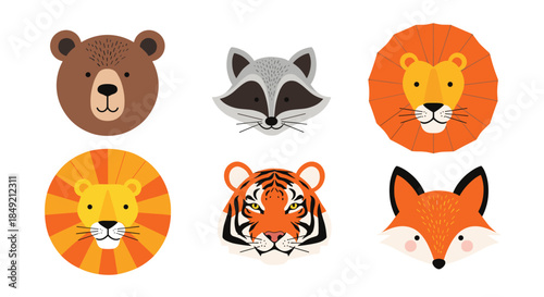 A set of six cute cartoon animal faces including a bear raccoon two lions a tiger and a fox isolated on a white background.