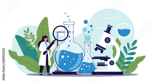 Female scientist in a laboratory coat conducting research with a microscope and chemical flasks for a new scientific experiment.