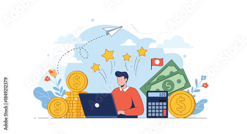 Freelancer man working on a laptop to earn money online surrounded by cash and coins representing financial success and income.