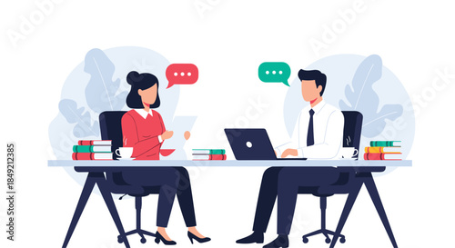 Business man and woman having a professional conversation or job interview at an office desk with a laptop and documents.