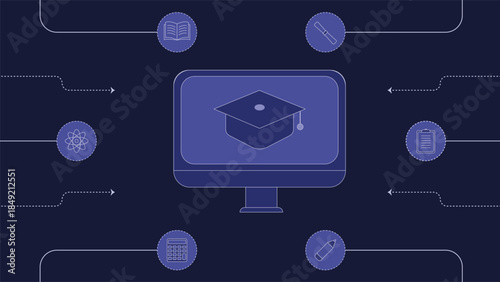Clean modern online education background showing digital learning screen academic icons and technology flow ideal for elearning websites apps presentations and training content use
