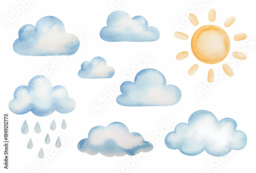 Dreamy sky nursery watercolor clouds and sunshine elements for kids birthday.