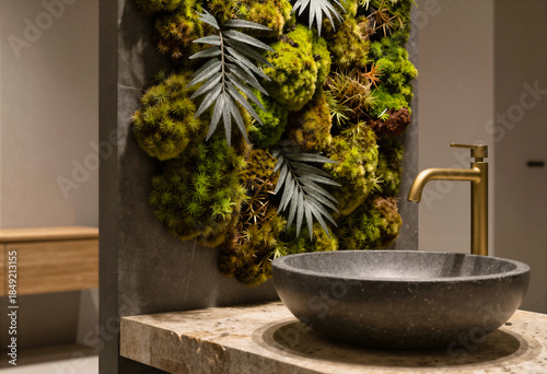 A modern bathroom sink with a black stone basin and gold faucet set against a living moss wall with tropical leaves.