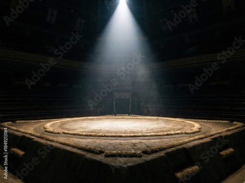 dohyo stands at the center of a sumo wrestling arena illuminated by a single ray of light from above. Shadows fill the space enhancing the focus on the ring.