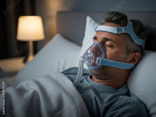 Man sleeping peacefully with CPAP mask on his face in a dimly lit bedroom