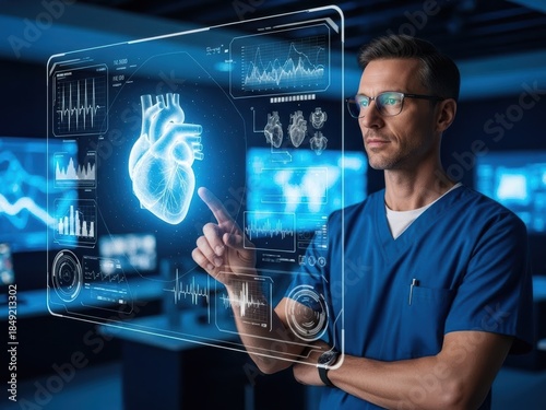 Doctor analyzing holographic heart data on futuristic medical interface