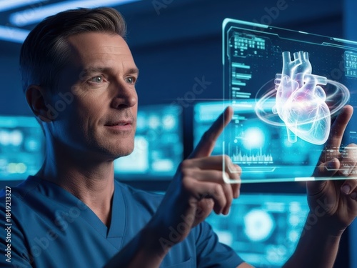 Doctor examines holographic heart model on futuristic medical display