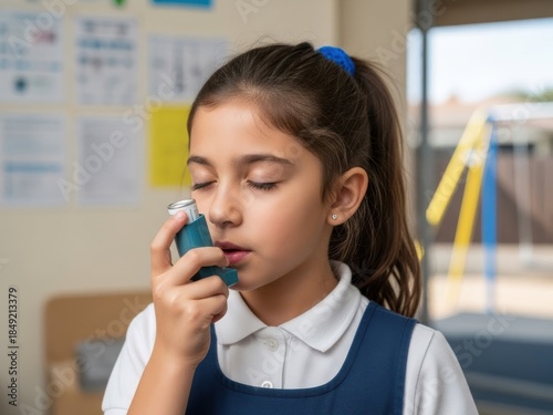 Young girl using an asthma inhaler for respiratory relief at school