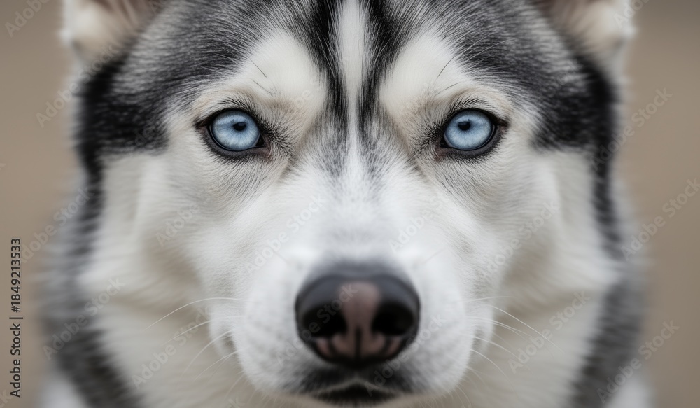 Fototapeta premium Siberian husky stares with striking blue eyes in a soft outdoor setting during late afternoon