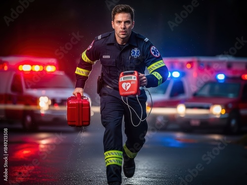Paramedic rushes with defibrillator and medical kit during emergency response