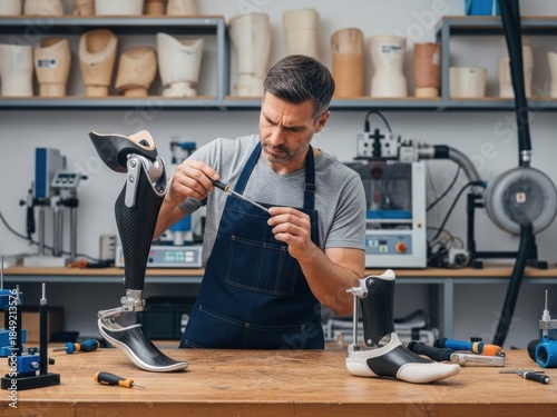Prosthetist carefully assembling a modern prosthetic leg with a screwdriver in a workshop