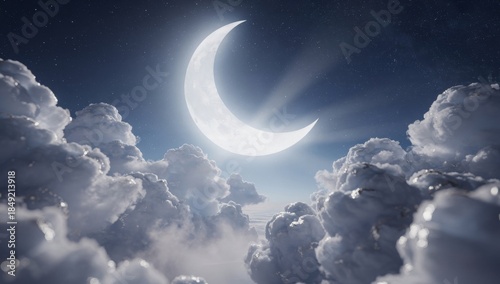 Bright Crescent Moon and Fluffy Clouds in Starry Night Sky Represents Good Night, Sweet Dream, and Ramadan Kareem