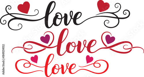 Elegant red and pink script typography featuring the word love surrounded by decorative hearts for romance on transparent background