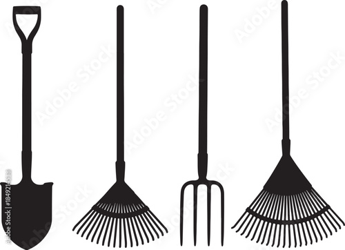 Black silhouette of garden tools including a shovel, pitchfork, and two rakes on a white background spade also transparent background