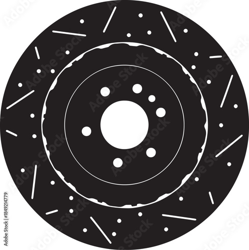 Detailed black silhouette of a perforated brake rotor with a central hub and mounting holes, representing automotive performance also transparent background
