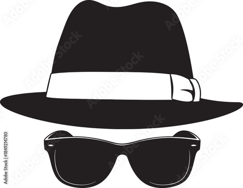 Minimalist black silhouette of a fedora hat with a white band and dark sunglasses, representing anonymity and a classic spy aesthetic also transparent background